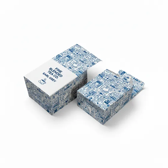 A decorative tea box in a Packaging Box Style 1, featuring intricate patterns and a sophisticated design.
